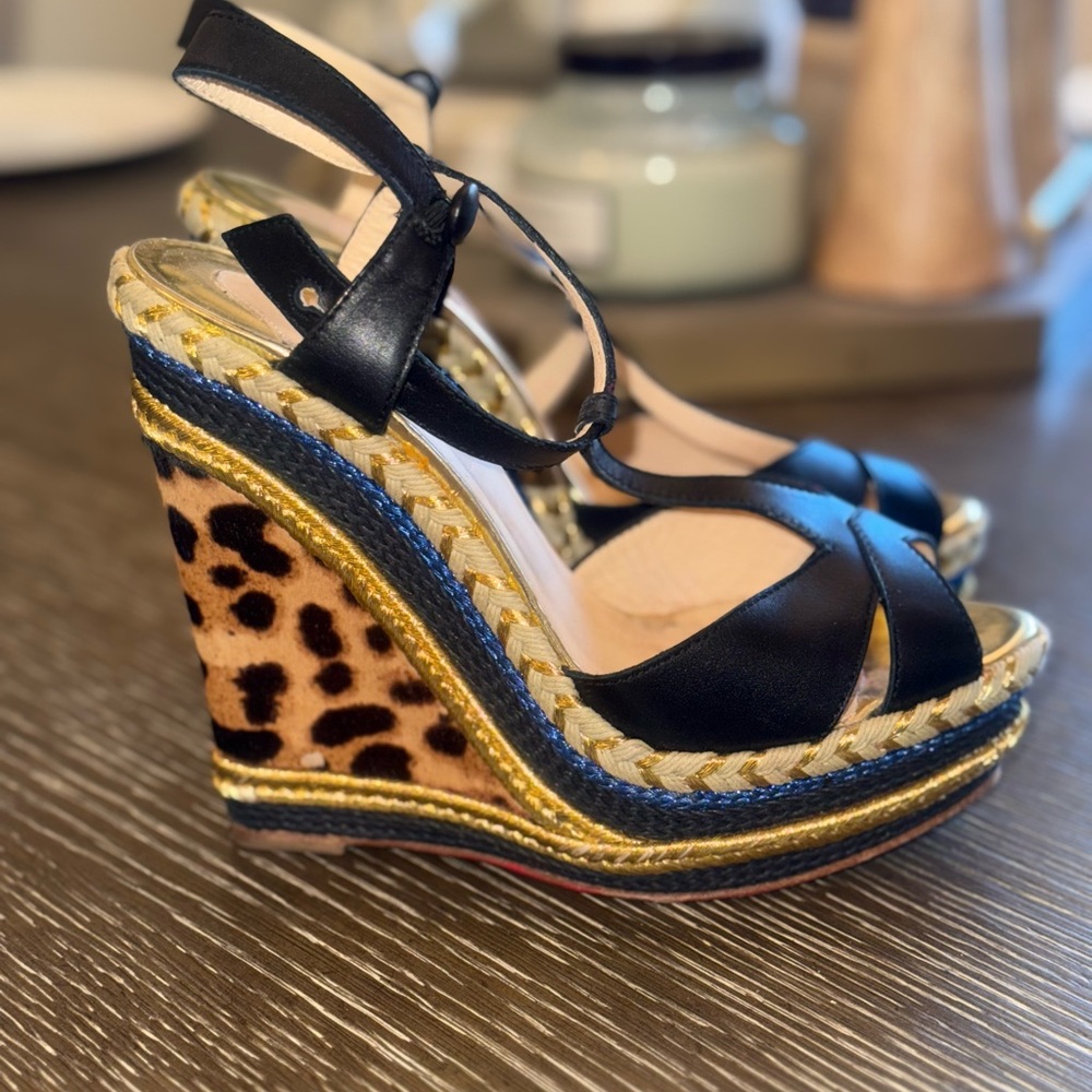 Christian Louboutin Black Leather Leopard Print Wedge Sandals with Gold Trim